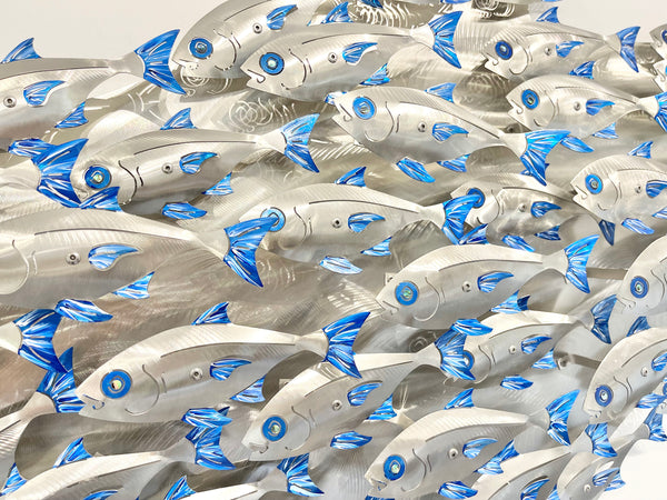 Baitfish school hand painted blue with shades of white on our D shape canvas